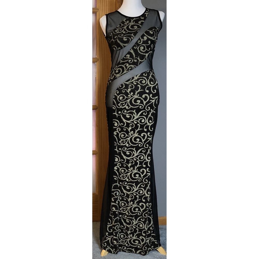 80s GoodTime USA Beaded Mesh  Gown L Black Gold Swirly Formal Pageant Whimsigoth